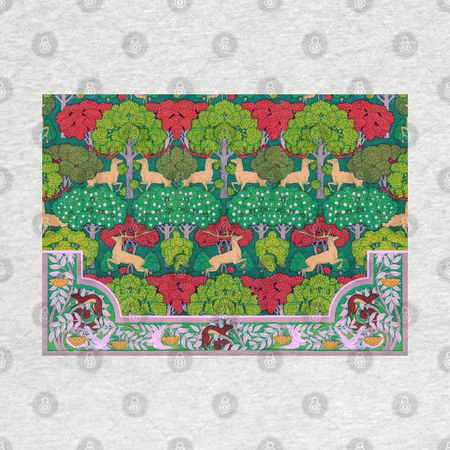 Deer and Trees,Squirrel,Doves and Rowan Red Green Art Nouveau Floral by BulganLumini